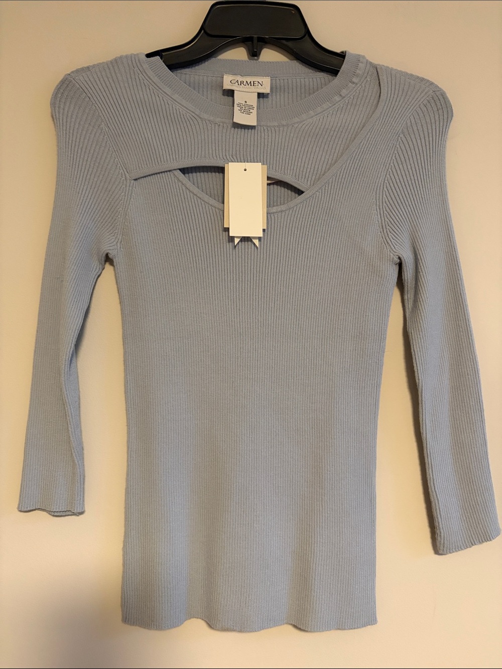 Carmen Pastel Blue Ribbed Long-Sleeve Top with Front Keyhole